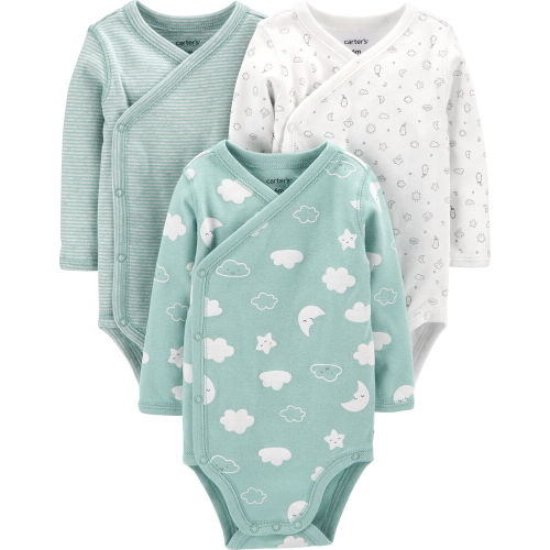 3-Pack Clouds Side-Snap Bodysuits - Blue/Ivory - 9M