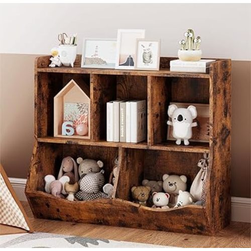 Kids Bookshelf and Toy Storage, Wooden Toy Storage Cabinet, Toy Storage Organizer with Bookcase Toddler Book Toy Shelf for Children Bedroom Playroom,Nursery, Hallway, School (Retro Brown)