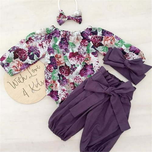 Izhansean Newborn Baby Girls Floral Tops Romper Pants Headband Outfits Clothes 3PCS Sets Purple 0-3 Months