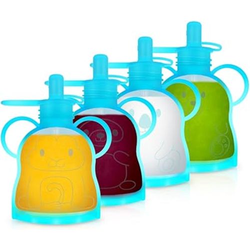 Morlike Refillable Silicone Baby Food Pouches, Reusable Squeeze Storage containers Bags with Straws for Toddlers Kids, BPA Free & Freezable, 4.5oz (Blue, 4 Pack)