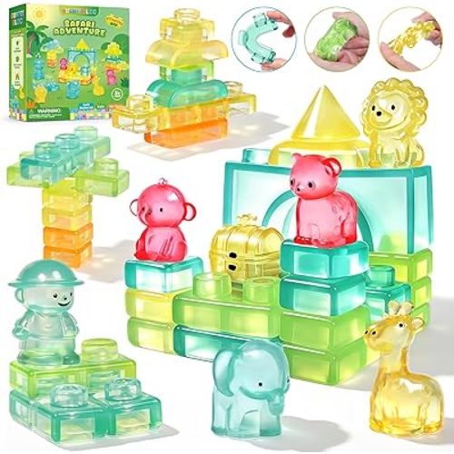 Gummy Bloc Safari Adventure Sensory Soft Building Blocks for Toddlers, 52 PCS Montessori Squishy Stacking Toy Set, Jungle Animal Theme Squeeze Blocks , Non-Toxic STEM Preschool Gift for Boys Girls