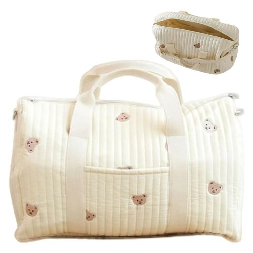 Quilted Duffle Bag, 18.9x9.5x11 Inch Quilted Weekender Bag with Handle and Strap, Bear Pattern Cute Duffle Tote with Pocket and Zipper for Women Travel Hospital, Diaper, Gym