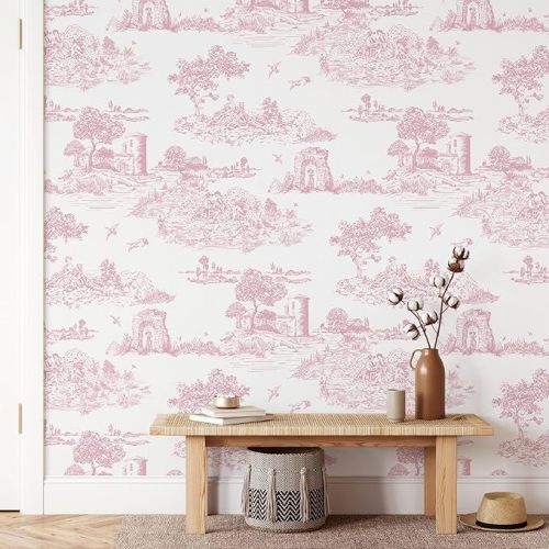 WENMER Pink Toile Peel & Stick Wallpaper for Bedroom, Self-Adhesive White and Pink Vintage French Country Wallpaper for Girls Room, Toile Contact Paper for Cabinet 17.7" X 590"