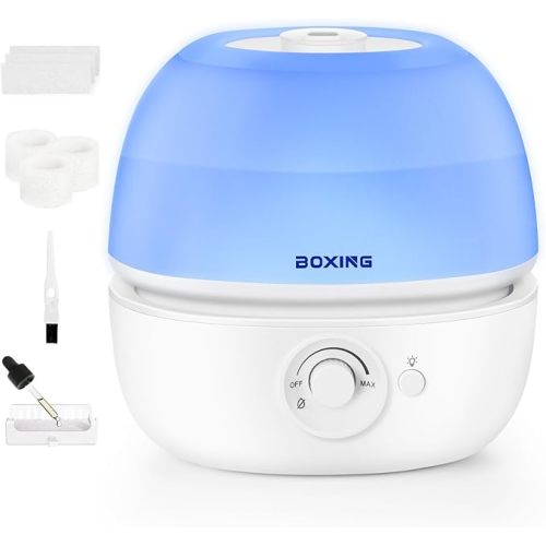 BOXING 3L Cool Mist Humidifiers, Ultra Quiet 20dB for Bedroom, Baby & Office, Top Fill Air Humidifier for Large Room Home & Indoor Plants, 30H Runtime, Essential Oil Tray, Night Light, BPA-Free, White