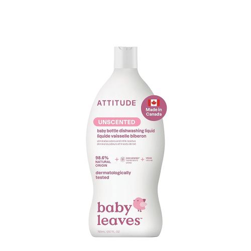 ATTITUDE Baby Dish Soap and Bottle Cleaner, Made in Canada, EWG Verified Dishwashing Liquid, No Added Dyes or Fragrances, Tough on Milk Residue and Grease, Vegan, Unscented, 700 mL