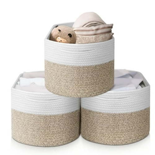 Woven Baskets for Storage, 3 Pack 22L Cotton Rope Baskets for Organizing, 15''x10''x9'' Woven Rope Basket Cube Bin Square Shelves Organizer, Toy Basket or Storage Bins for Living Room, Baby Nursery