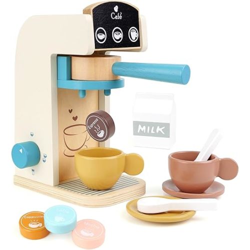 PairPear Kids Wooden Toys Coffee Maker Toy Espresso Machine Playset