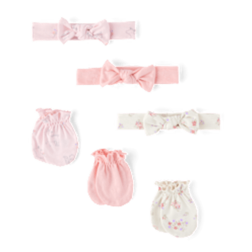 Baby Girls Floral Deer Bow Headwrap And Mittens 6-Piece Set - Rose mist