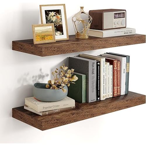 24 inch Floating Shelves for Wall,9.3 inch deep Brown Bathroom Over Toilet Shelf,Wall Mounted Rustic Wood Shelves for,Bedroom,Living Room,Kitchen,Office Decor Set of 2-Brown