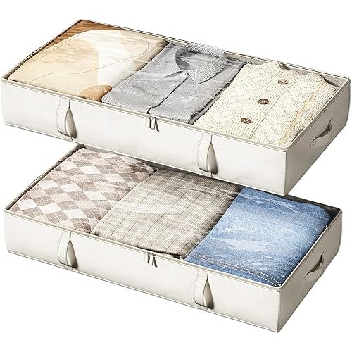 Vailando Side-Supported Under Bed Storage Containers, 6 Inches Tall 60L Underbed Storage Bins with Sturdy Handles and Sidewalls, Closet Organizer for Clothes, Blankets, Seasonal Items, Beige, 2-Pack