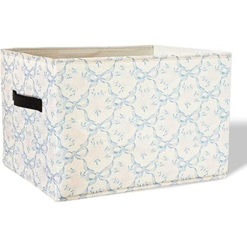 Coquette Blue Bow Floral Storage Basket Bins With Handles for Girls Kids, Bow Floral Pattern Foldable Laundry Basket for Girls Room Nursery Bedroom Bathroom Clothes Toys Books