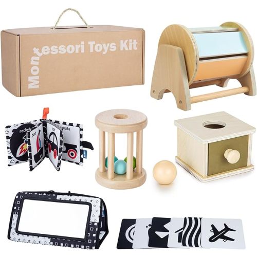 Early Learning Toy for 0-6 Months, Montessori Baby Toys 6 in 1 Learning Educational Set - Object Permanence Box, Baby Roller, Spinning Drum, Black and White High Contrast Baby Toys, Tummy Time Mirror