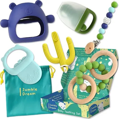 My First Teether Set: Baby Teething Toys Gifts for 0-12 Months – Infant Teething Relief Baby Toys, Green & Dark Blue