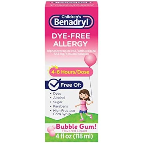 Children's Benadryl Dye-Free Allergy Liquid, Diphenhydramine HCl, Bubble Gum, 4 fl. oz
