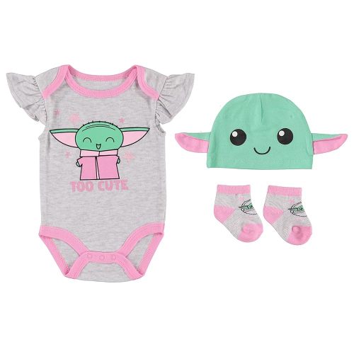 STAR WARS Mandalorian The Child Baby Girls’ Three Piece Gift Set with Bodysuit, Hat, and Socks - Baby Yoda Baby Clothes