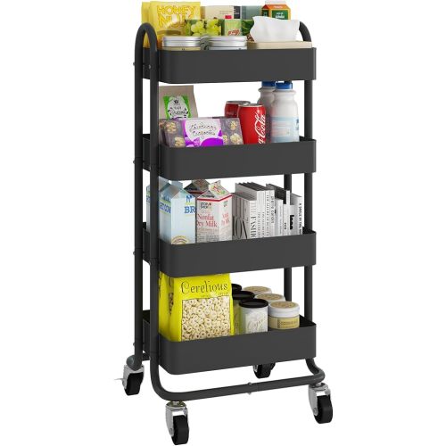 4-Tier Black Rolling Cart,Metal Rolling Utility Cart with Handle,Multifunction Rolling Carts with Wheels,Kitchen Storage Carts Suitable for Office,Home,Kitchen,Garden(13.4"x18.1"x40") Black