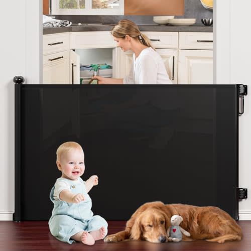 Retractable Baby Gates Extra Wide, PRObebi Retractable Dog Gate for The House Extends to 72" Wide 34" Tall, Gates for Baby Indoor, Stair Gate for Outdoor, Staris, Hallways, Doorways, Deck, Porch