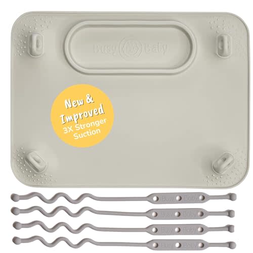 BUSY BABY Silicone Mat - New and Improved Suction Cups, 4 Straps to Secure Baby Essentials, Self Feeding, Baby Led Weaning, Travel Sleeve Included (Tan)
