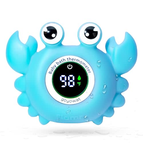 Goyowat Bath Thermometer with LED Display and Temperature Warning, Digital Room Fahrenheit Water Temperature Thermometer, Infant Bath Toys Floating Toy Safety Thermometer for Kids Newborn (Blue)