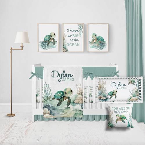Baby Boy Sea Turtle Crib Bedding Set  -Personalized Baby Boy Blanket with Sea Turtles Nursery Bedding, Under the Sea Baby Blanket  561