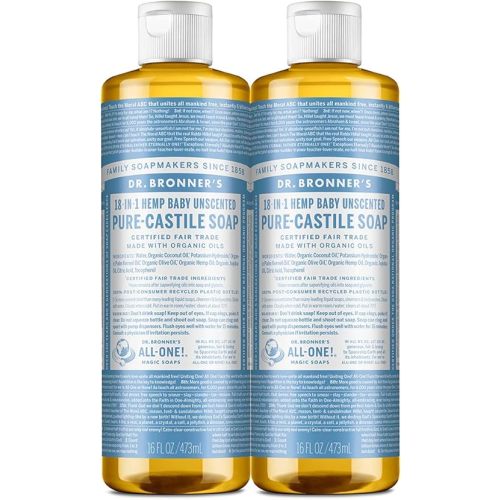 Dr. Bronner's - Pure-Castile Liquid Soap (Baby Unscented, 16 ounce, 2-Pack) - Made with Organic Oils, 18-in-1 Uses: Face, Hair, Laundry and Dishes, For Sensitive Skin and Babies, No Added Fragrance