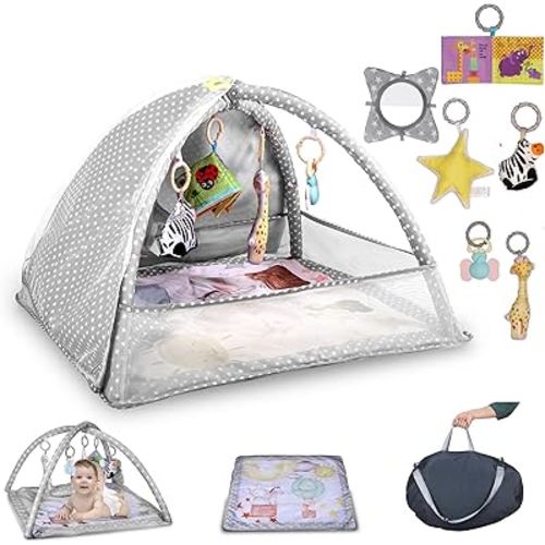 6-in-1 Baby Play Gym Activity Center with Mosquito Net | Foldable Baby Play Mat for Floor with Sunproof Canopy | Portable Tummy Time Mats for Babies 0-12 Months (Grey)