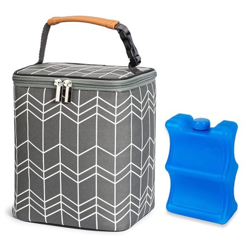 BABEYER BreastMilk Cooler Bag with Ice Pack Fits 4 Baby Bottles Up to 9 Ounce, Large Baby Bottle Bag Fits for Nursing Mom Daycare - Grey-Wave Print - Fits 9 Oz Baby Bottles