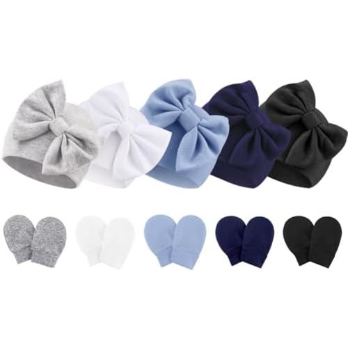 Baby Hats and Mittens Set Toddler Bow Beanie Infant Cap Newborn Hospital Hats for Baby Boys Girls Essentials 0-6 Months