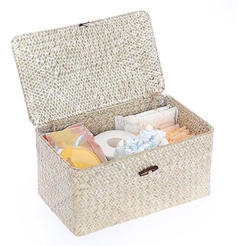 Sumnacon Wicker Basket with Lid Rectangle Woven Baskets for Toiletries Tampon Storage,Wicker Storage Basket with Lid,Decorative Seagrass Storage Baskets for Shelf Bathroom Toilet Table,Whitewash
