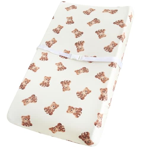 LifeTree Muslin Changing Pad Cover for Baby Girls Boys, 70% Viscose from Bamboo and 30% Cotton, 16"x32" Diaper Change Table Pad Covers, Soft Changing Pad Sheets, Bear Pattern