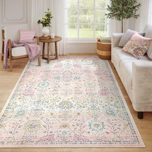 Wonnitar 6'x9' Pink Boho Area Rug, Washable Non-Slip Floral Rug for Bedroom, Living Room, Kids