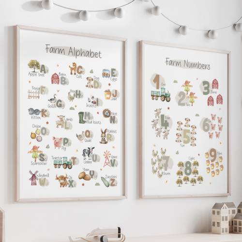 Farm Alphabet and Numbers Posters, Country Animal Nursery Wall Art, Kids Decor