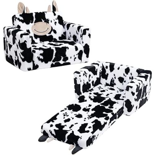ALIMORDEN Fold Out Toddler Couch, Comfy 2-in-1 Cuddly Sherpa Bear Chair for Kids, Convertible Sofa to Lounger, Kids Cozy Corner Play Couch for Boys and Girls, Cow