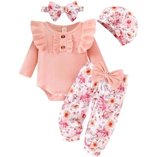 Baby Girl Clothes Infant Newborn Outfits Romper Pants Cute Bow Headband Hat Sets for Baby Girls (0-3-6-12-18 Months)