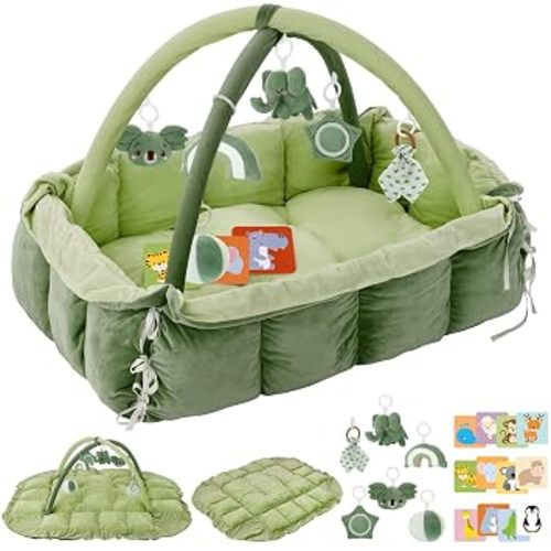 5-in-1 Plush Baby Play Gym, Baby Play Mats, Convertible Baby Gym, Tummy time mat, 6 Sensory Toys, Activity Center, Ball Pit, Green