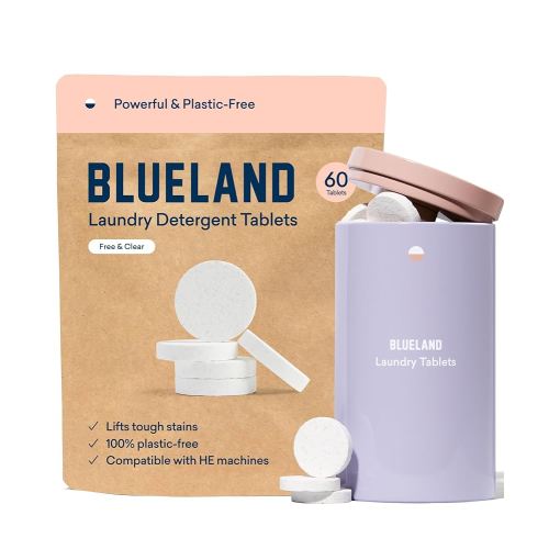 BLUELAND Laundry Detergent Tablets, Starter Set, 60 Count with Tin, Plastic-Free Eco-Friendly Pods, Sheets, Liquid Alternative - Fragrance Free and Clear, Natural, Gentle