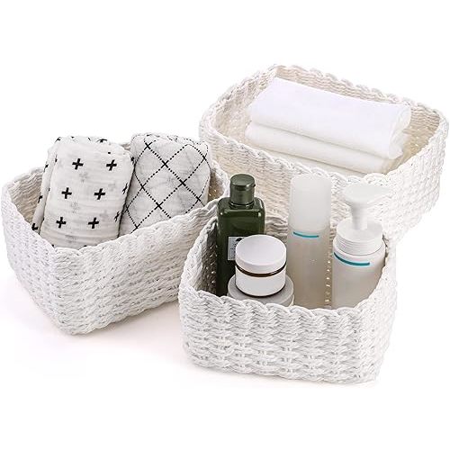 Coloch Set of 3 Paper Rope Woven Storage Basket, Recyclable Makeup Organizer Bin Stackable Nesting Basket for Shelf, Countertop, Toys, Towels, Small Household Items, White 3 Sizes