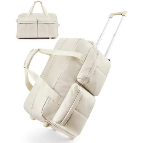 BAGSMART 42L Rolling Duffle Bag with Wheels, Carry On Bag Duffel Bag for Travel, Wet Pocket Duffle Bag with Wheels and Handle, Beige