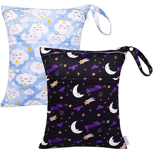 ALVABABY 2pcs Cloth Diaper Wet Dry Bags Waterproof Reusable with Two Zippered Pockets Travel Beach Pool Daycare Soiled Baby Items Yoga Gym Bag for Swimsuits or Wet Clothes LZ7879