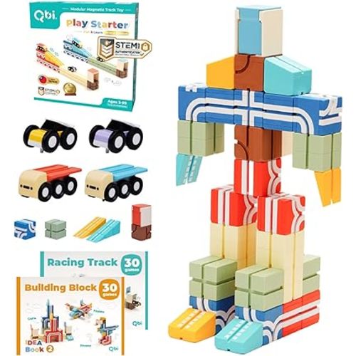 QBI Magnetic Blocks Play Starter Set｜4-in-1 STEM Building Blocks with 4 Cars & 3D Track Tiles｜Educational Sensory Magnet Toys｜Preschool Montessori Toys for Kids Ages 3-5-8 Year Old Boys and Girls