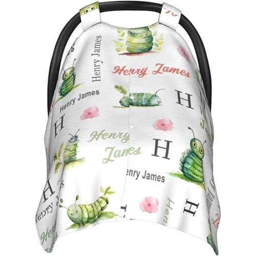 Personalized Caterpillars Baby Car Seat Canopy for Babies with Name Multi Use Nursing Cover for Newborn Custom Carseat Canopy Mom Nursing Breastfeeding Covers Infant Minky Baby Blanket