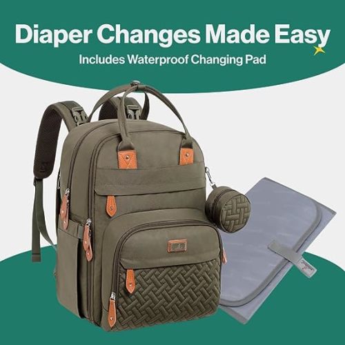 BabbleRoo Baby Diaper Bag Backpack - Army Green, Unisex, Waterproof, Multi-function, 26L Capacity, Changing Pad, Stroller Straps, Pacifier Case, Easy Access Zipper Pockets