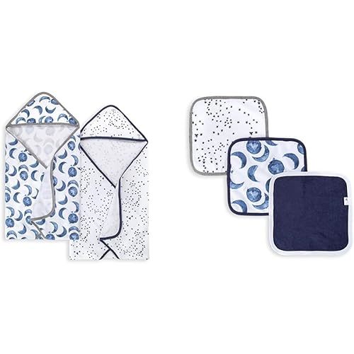 Burt's Bees Baby - Hooded Towels, Absorbent Knit Terry, Super Soft Single Ply, 100% Organic Cotton (Hello Moon!, 2-Pack) & Washcloths, Absorbent Knit Terry, Super Soft 100% Organic Cotton