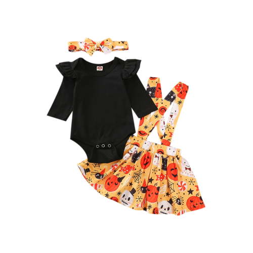 Qtinghua Newborn Baby Girls Halloween Clothes Long Sleeve Romper+Pumpkin Print Suspender Skirt+Headband Set Black 0-3 Months