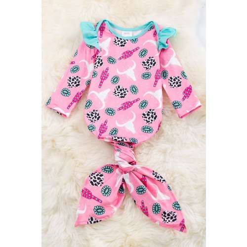 Baby Girls Newborn Knotted Gown Turquoise Pink Cow Print Cow Skull Western Rodeo Cactus Cowgirl