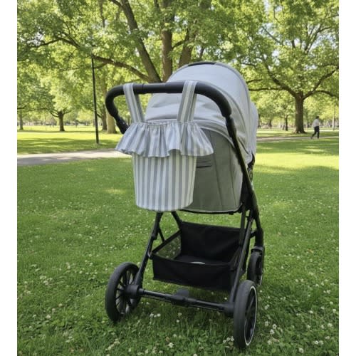 Ruffled Stroller Bag | Stylish Diaper Tote for Moms | Blue and White Striped Pram Bag | Soft Structured Stroller Storage | Trendy Mom Gift