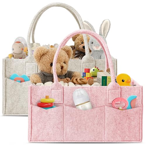 HIPHOP PANDA 2-Pack Diaper Caddy Organizer - Nursery Storage Bin & Car Organizer for Diapers, Wipes, and Baby Essentials - Dual-Color Solid Set (Pink/Oatmeal), Regular Size
