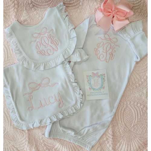 Personalized Girl Gown, Bib, Burp Cloth / Girls Baby Gown, Bib, Burp Cloth / Bow Monogram Bib /Ruffle Burp Cloth / Baby Girl Baby Bundle