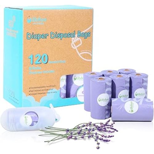 Disposable Diaper Bags for Baby | 8 Refill Rolls (120 Pack) | Lavender Scented | Baby Poop Bags with Dispenser | Essential for Travel and Quick Change on The Go