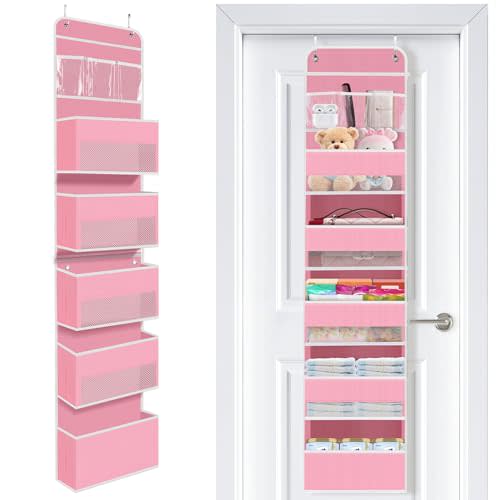 SpaceWhisper Over the Door Organizer, 6 Large Pocket Hanging Storage Organizer with 40lb Capacity, Space Saving for Nursery, Bathroom, Bedroom, Closet - Baby Essentials & Toiletry Organizer (Pink)